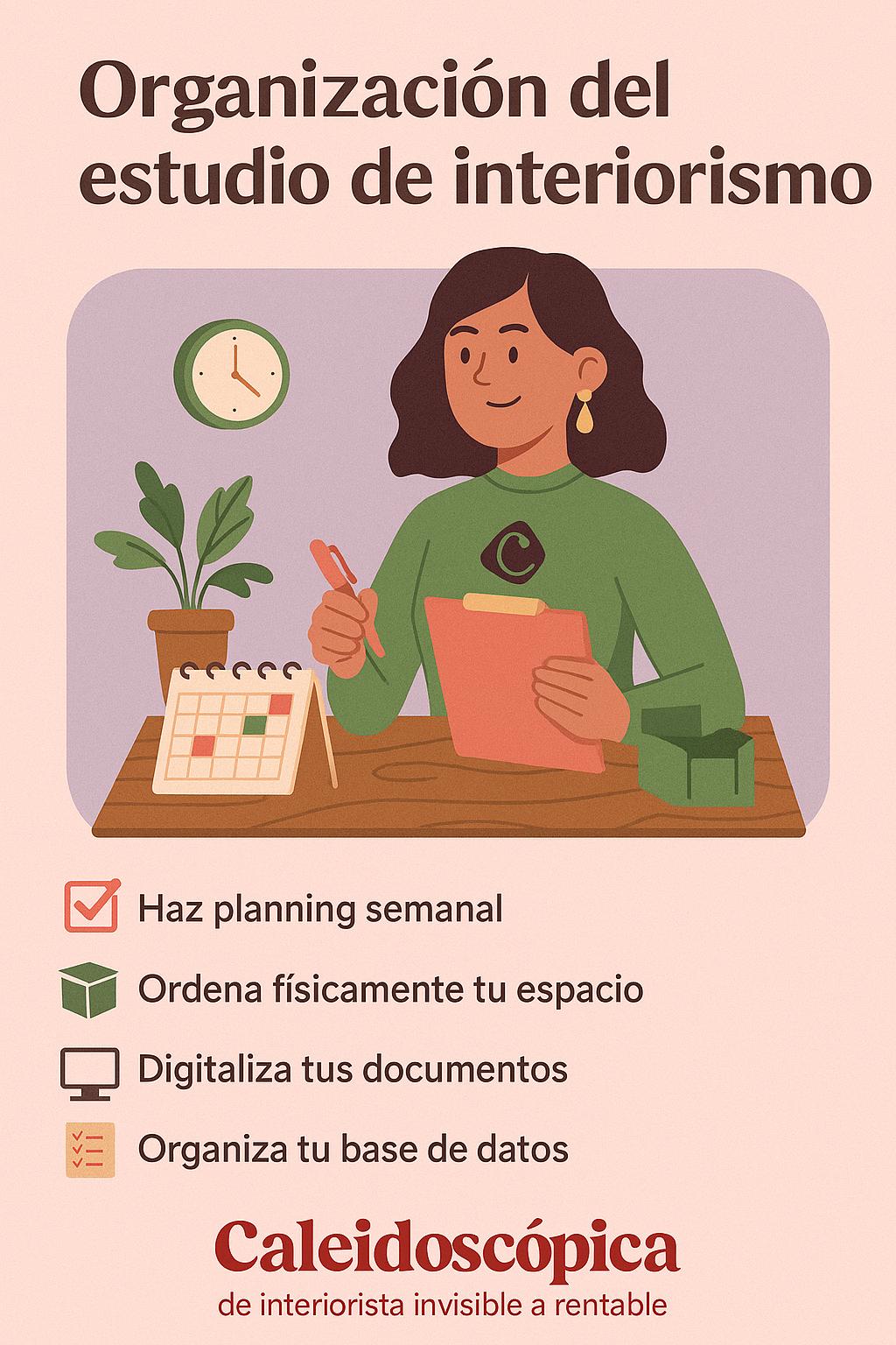 Interiorista organizando su estudio con estrategia, energía y herramientas digitales